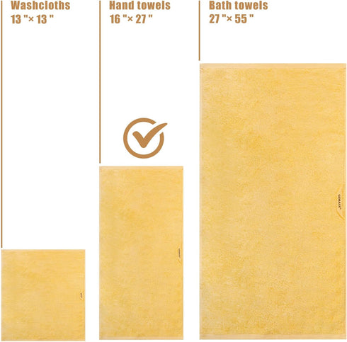 SEMAXE 100% Cotton Yellow Hand Towels for Bathroom - 4 Piece Absorbent Towels with Hanging Loops, 27" L x 16" W, Gift