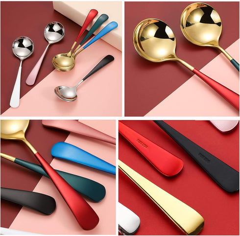18/10 Round Head Stainless Steel Soup Spoons, Modern Thick Short Handle Korean Spoon, Set of 5, 6.3 Inch