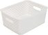 Simplify Small White Resin Wicker Tote | Storage Bin | Plastic Organizer with Carrying Handles for Bathroom