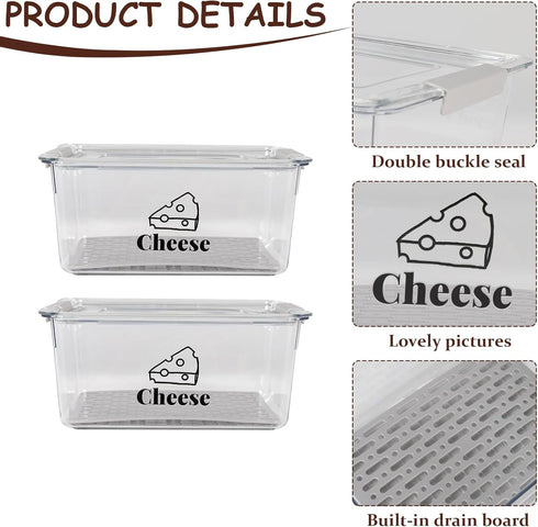 Yomjarl 2 Pack) Cheese Container Airtight with Draining Basket Cream Cheese Sliced Cheeses Box with Lid Saver