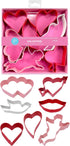 R&M Valentine Cookie Cutter Set, 7 Shapes - Heart, Double Heart, Arrow, Dove, Lips, Cupid, Red, Pink, White