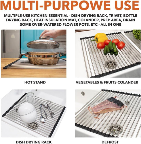 Roll Up Dish Drying Rack, 21" x 16", Over The Sink Foldable SUS304 Stainless Steel Dish Drying Rack