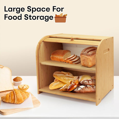 Countertop, 3 Counter, Bread Box for Kitchen Double Layer Bamboo Bread Storage Container for Homemade Bread, Roll Top