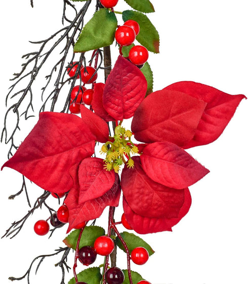 DearHouse 5.3 Ft Artificial Poinsettia Christmas Garland with Red Berries, Holly Leaves, Pine Cone Decor