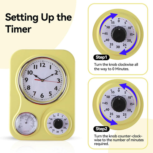 Lily's Home Retro Kitchen Wall Clock with Thermometer and 60-Minute Timer, Yellow (9.5 in x 13.3 in)