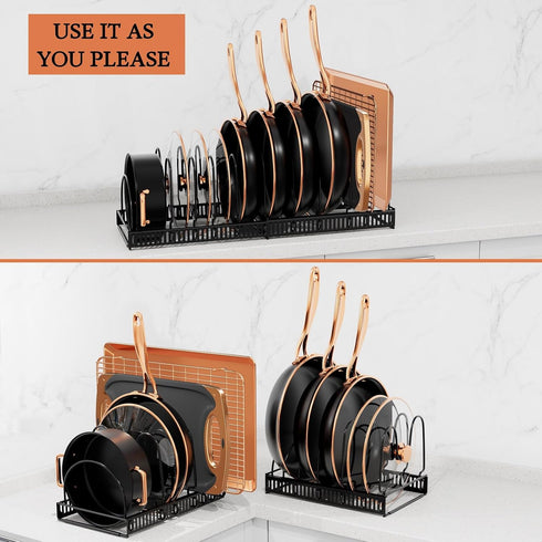 Expandable Pot and Pan Organizer Rack - Space-Saving Kitchen Cabinet Storage Solution