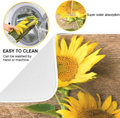 Absorbent Dish Drying Mat for Kitchen Counter - Yellow Sunflower Country Style Microfiber Drying Pad, Reversible Drainer Mats for Countertop, Medium 16 x 18 inch