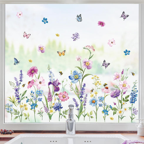 decalmile Summer Garden Flower Double Sided Window Clings, Spring Wildflower Purple Floral Iris Butterflies Decals