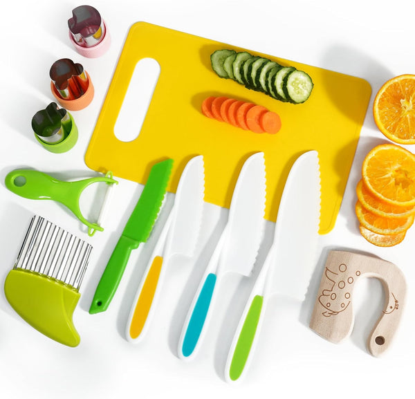 Kids Kitchen Knife Set, 11 Pieces Montessori Tools for Toddlers' Real Cooking, Includes Plastic & Wood Knives