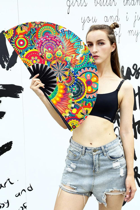 Amajiji Large Folding Hand Rave Fan, Popping Fan for Line Dancing, Party, Decoration, Festival (Dream Flower)