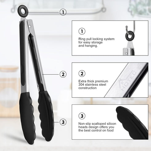 HOTEC Premium Stainless Steel Locking Kitchen Tongs, Set of 3 Sizes (7", 9", 12"), Black