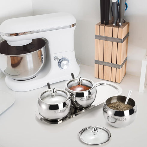 Hedume 3 Grids 304 Stainless Steel Seasoning Containers Set with Lid Spoon and Tray for Serving Sugar, Pepper, Spice