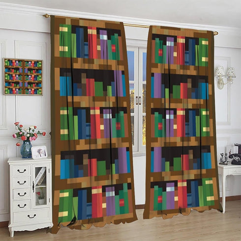 42x63in(Dcor) Pixelated Bookshelf Curtain for Kids, Shelf with Books in Pixel Art Style Game Concept Rod Pocket Window