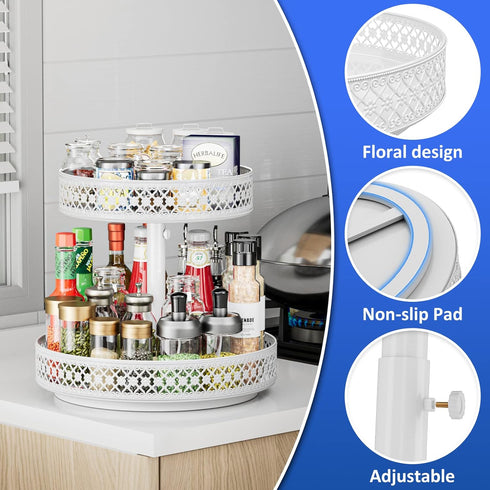 Lazy Susan Organizer 2 Tier - 12 inch Adjustable Metal Rotating Lazy Susan for Cabinet, Pantry, Kitchen Countertop,