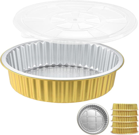 10" Sturdy Foil Pans + Snap-On Lids (5 Pack) | Heavy Duty Reusable Foil Tin for Baking Cooking