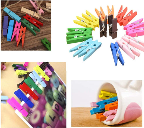 Wooden Clothes Pins, 100pcs 1.3 Inch (3.5cm) Mixed Colored Small Clips with 33 Feet Jute Twine