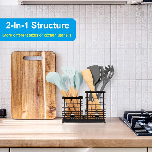 RedCall Utensil Holder for Countertop,Stainless Steel Kitchen Holder,2-In-1 Spoon Spatula Holder for Kitchen Counter,Large Wire Utensils Organizer,Black Cooking Tool Holder Storage Crock