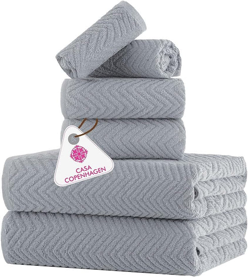 CASA COPENHAGEN Wave Textured 6 Piece Towel Set- Grey Violet, 550 GSM