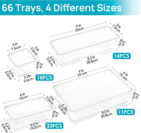Vtopmart 66 PCS Clear Plastic Drawer Organizers - 4-Size Bathroom and Vanity Organizer Trays for Makeup, Jewelry, Office
