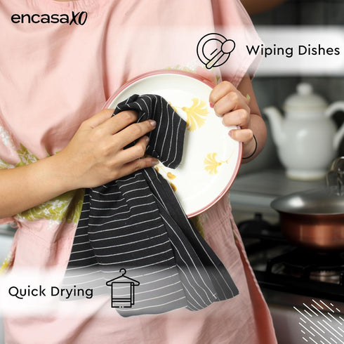Encasa XO Cotton Kitchen Towel Set, Pack of 4, X-Large 28"x18", Highly Absorbent Hand and Tea Cloth - Butcher Black