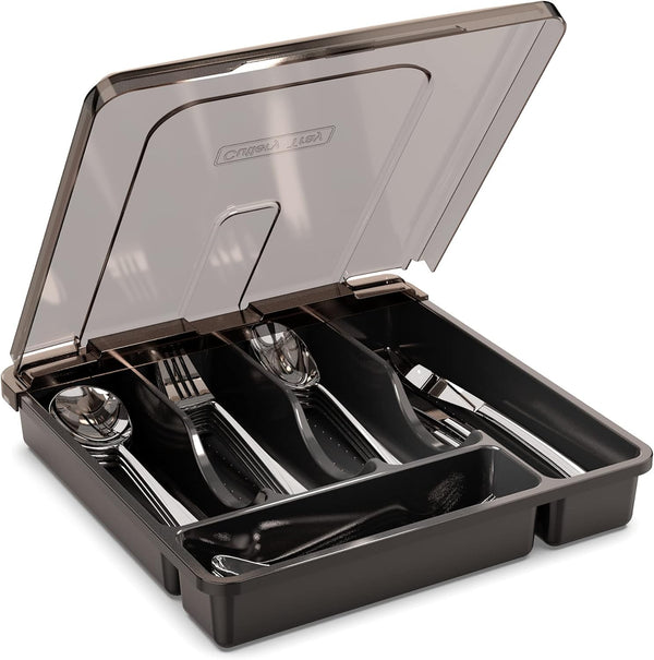 Utensil Holder for Countertop with Lid, 5 Compartments Plastic Silverware Tray Organizer, Black Flatware Storage