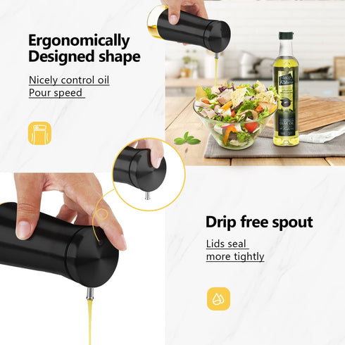 Set 2 Pack Aelga Black Oil And Vinegar Dispenser - Oil Dispenser Bottle for Kitchen with No-Drip - Black Kitchen Decor