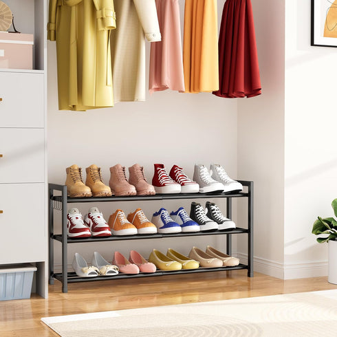 18.5"33", 3-Tier Closet, 12 Expandable Shoe Rack for Small Spaces, Adjustable Width Sturdy Metal Shoe Organizer