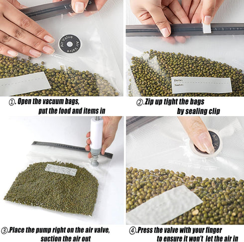 Sous Vide Bags: 20 Pack Reusable Vacuum Food Storage Bags with 1 Hand Pump and 4 Sealing Clips (Gray Kit)