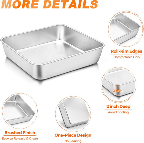 TeamFar Square Cake Pan, 6/8/9 Inch Stainless Steel Baking Pan for Cake Brownie Lasagna, Set of 3