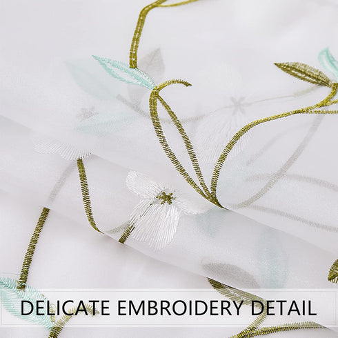 MRTREES Voile Sheer Tier Curtains, Floral Embroidered Kitchen Tiers Rod Pocket, White (2 Panels, 30x36 Inches)