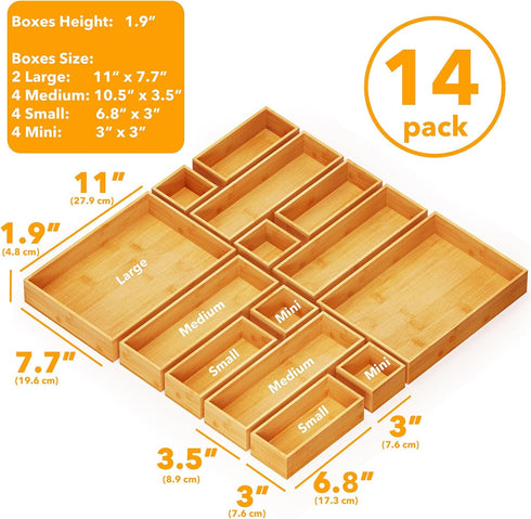 SpaceAid 14-Piece Bamboo Drawer Organizer Storage Boxes Set, Multi-Use Divider Bins for Kitchen, Bathroom, and Office