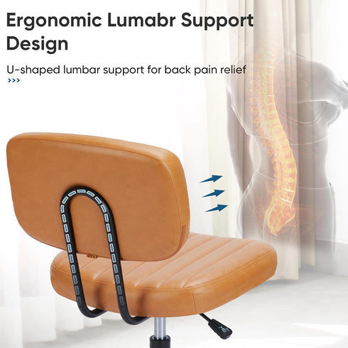 Armless 360 DUMOS Small Home Office Desk Chair - Vanity Task Chair with Low Back, Height Adjustable PU Leather Swivel