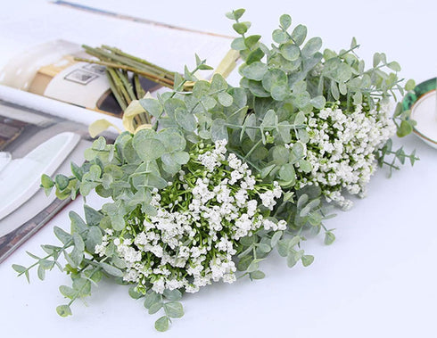 Artificial Eucalyptus Leaf and Babys Breath Bouquets for Wedding Party Home Decor, Pack of 1 (White)