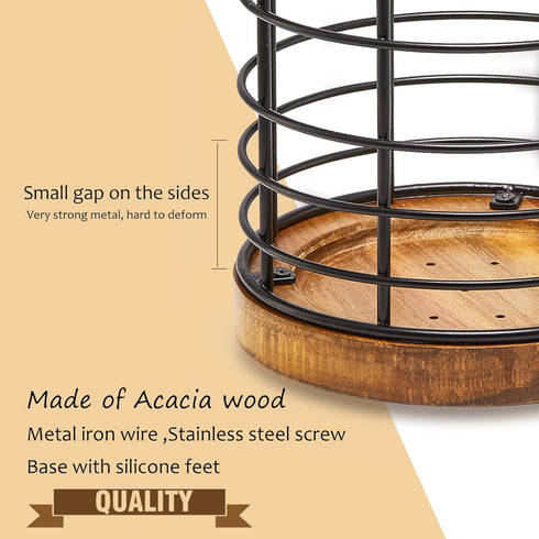 Utensil Holder for Kitchen Counter - Black Wire with Wooden Base, Large Wooden Cooking Utensil Organizer