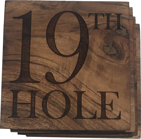 Golf Coasters 19th Hole Drink Coasters | Engraved Acacia Wood Golf Decor | Gift for Golfer, Bar or Bar Cart (Set of 4)
