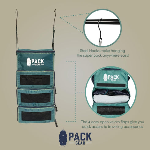 Pack Gear Hanging Carry-On Organizer - Standard Hanging Luggage Organizer Fits Any Carry On - Green, S