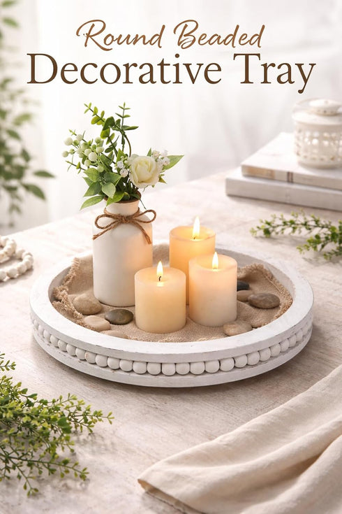 RayNab 12" Farmhouse Round Wooden Beaded Tray Whitewashed Rustic Decorative Wood Tray for Coffee Table, Kitchen
