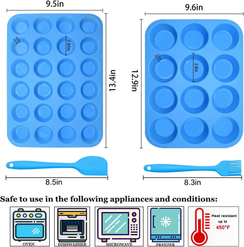Silicone Muffin Pan Cupcake Set, Non-Stick 12 Cups and Mini 24 Cups, BPA Free with Spatula & Oil Brush