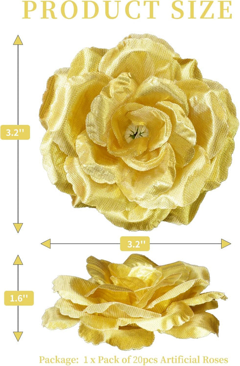 20 Pcs Gold Rose Head Flowers Without Stem - 3 Inch Silk Rose Fake Flowers for DIY Decoration