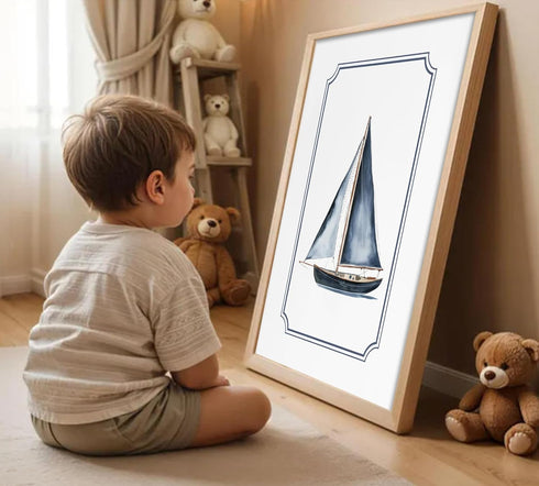 6Pcs Sailboat 12"x16" Vintage Transportation Nursery Wall Art Navy Blue Hot Air Balloon Biplane Train Truck Pictures