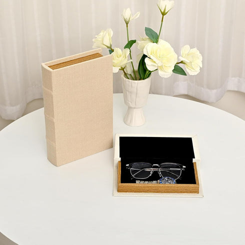 DECOR4SEASON Set 2, Decorative Faux Book Storage Boxes of Linen Fabric Textured Books, Off White, Modern Minimalist