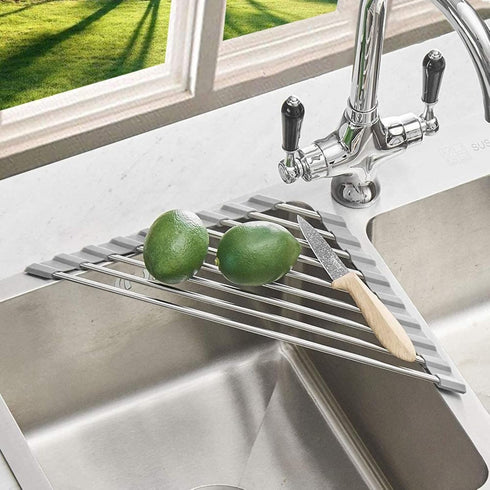 Triangle Dish Drying Rack - Roll Up Folding Stainless Steel Over The Sink Dish Drainer Mat for Kitchen (Grey)