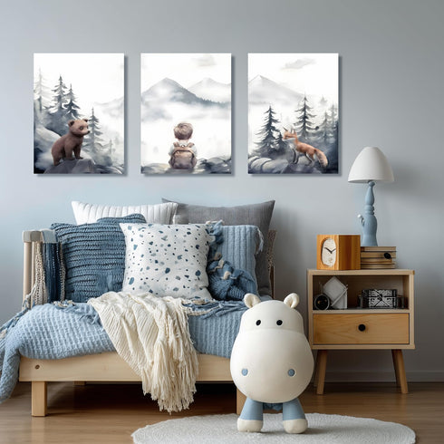 Cyebmo Set 3, 12"x16"x3 Framed Woodland Boy Nursery Wall Art of Whimsical Boy Adventure Wall Decor, Mountain Forest