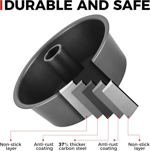 HONGBAKE Angel Food Cake Pan with Removable Bottom, 10 Inch Tube Pan, Nonstick Pound Cake Pans