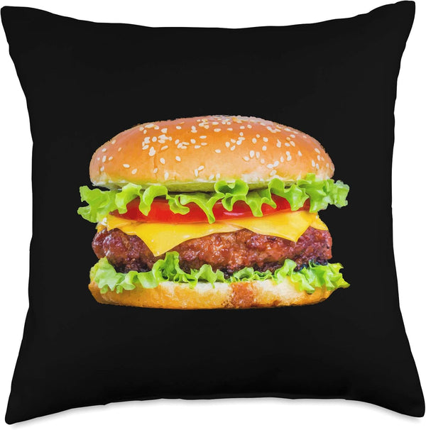 Hamburger Burger Food Day Gift Buns Cheeseburger Grill Black Throw Pillow, 18x18, Multicolor