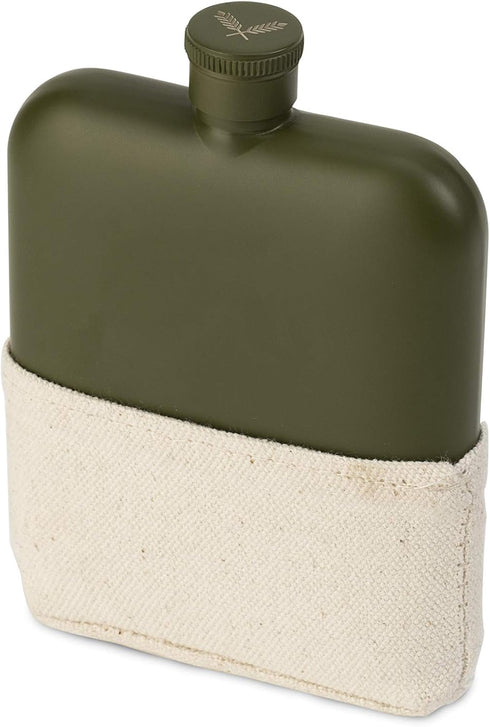 Foster & Rye 6oz Flask Whiskey Men-Stainless Steel Alcohol Matte Army Green with Canvas Wrap, Set of 1