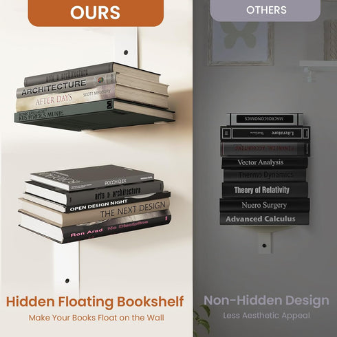 4 2 Pack Wawocs Invisible Bookshelf for Wall, Tier Floating Bookshelf Made of Heavy Duty Metal, Vertical Spine Book