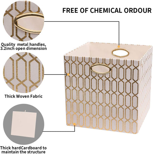 Posprica Storage Bins, 13×13 Fabric Drawers Organizer Basket Boxes, 2pcs, Cream/Gold Geometry Pattern