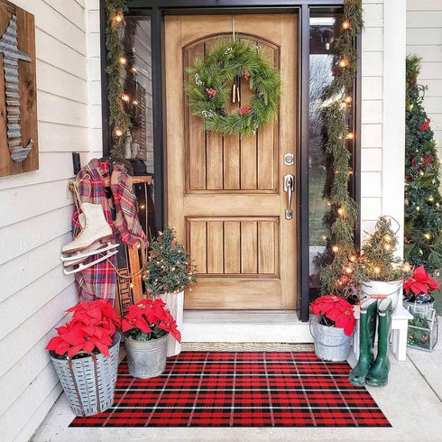 Christmas Outdoor Rug Doormat 2' x 4.3', Black/Red Buffalo Plaid Cotton Hand-Woven Welcome Layered Door Mats