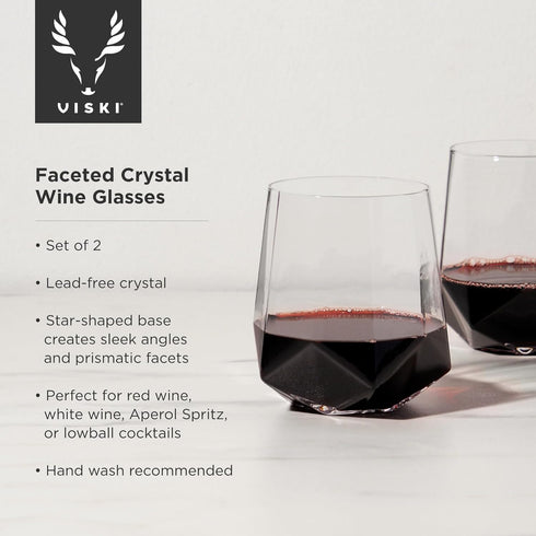 Viski Raye Faceted Crystal Wine Glasses - Set of 2, No-Lead Premium Crystal Clear Glass, Modern Stemless, 20 oz